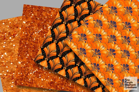 Orange Glam Digital Paper | Luxury Glitter Art Deco Digital Pattern Fine Purple Elephant Creations 