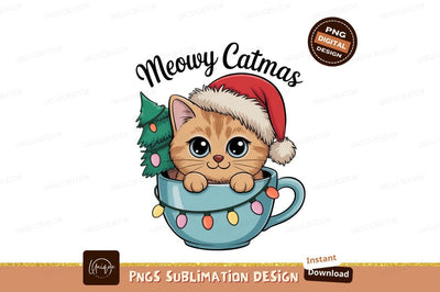 Orange kitten wearing Santa hat in mug with Christmas tree Sublimation Designangry 