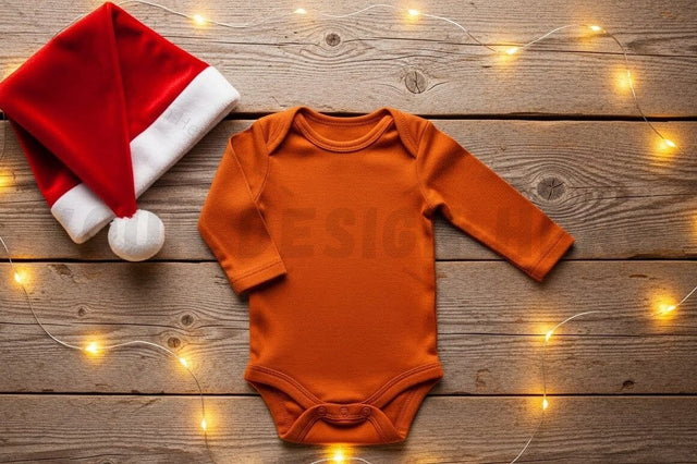 Orange long sleeve baby onesie with santa hat Mock Up Photo Designangry 