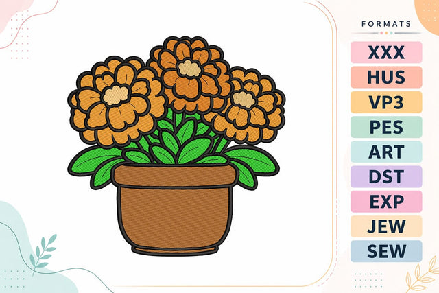 Orange Marigolds Terracotta Pot Embroidery Design Embroidery/Applique DESIGNS sg embroidery 