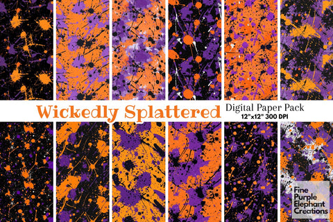 Orange Purple Abstract Splatter Digital Paper | Dark Fall Halloween Horror Pattern Digital Pattern Fine Purple Elephant Creations 