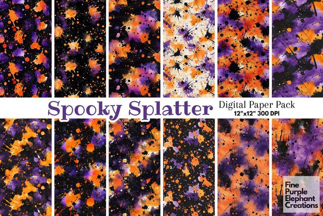 Orange Purple Watercolor Abstract Splatter Digital Paper | Dark Fall Halloween Horror Digital Pattern Fine Purple Elephant Creations 