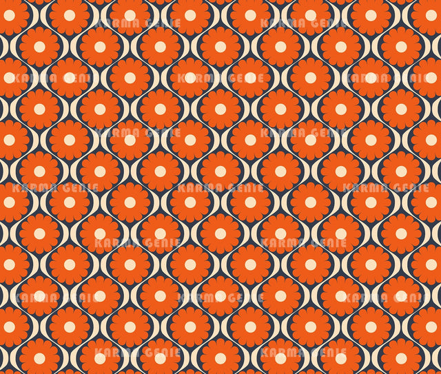 Orange Retro Daisy 1970s Mid Century Flower Pattern Digital Paper Digital Pattern Karma Genie Graphics 