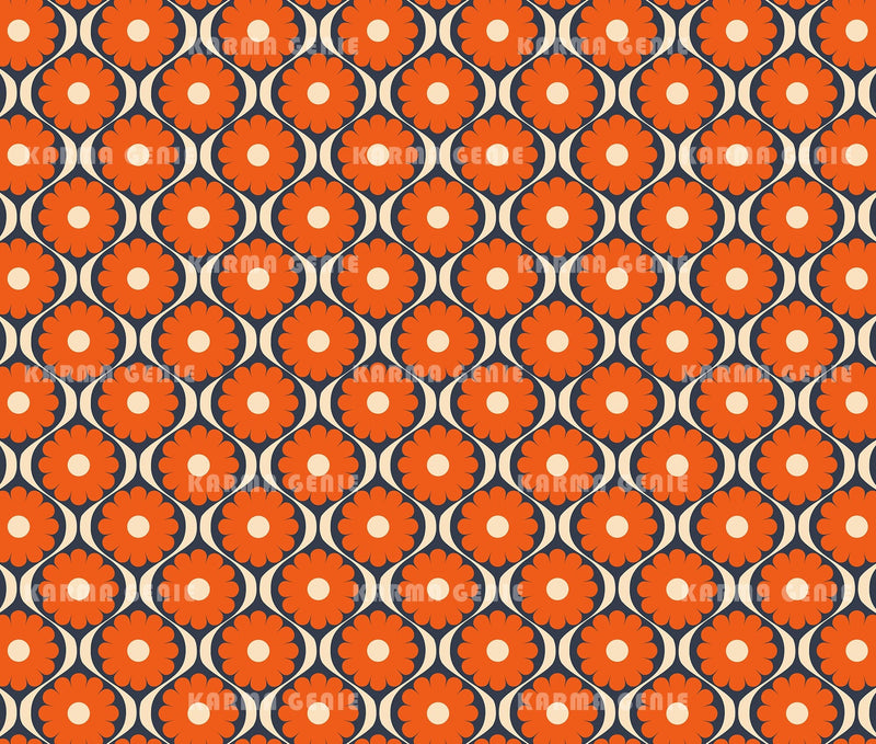 Orange Retro Daisy 1970s Mid Century Flower Pattern Digital Paper Digital Pattern Karma Genie Graphics 