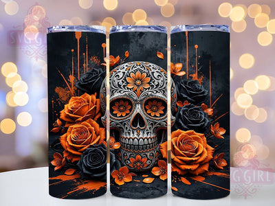Orange Rose Sugar Skull 20oz Tumbler, Skull Motif, Rose Accent, Orange Theme, Glow Art Design, Gothic Flair, Sublimation Wrap, 20oz Tumbler Sublimation SvggirlplusArt 