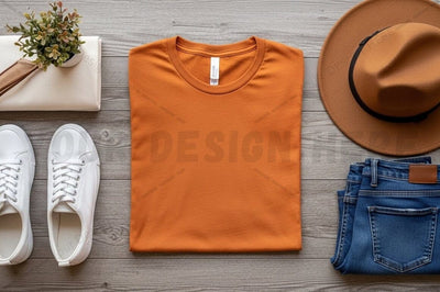 Orange t-shirt mockup design with accessories Mock Up Photo Regulrcrative 