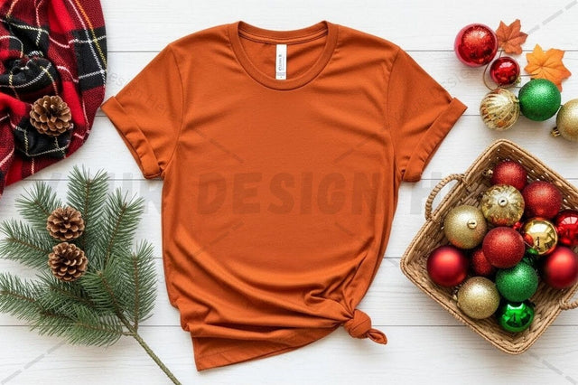 Orange t-shirt mockup with holiday decorations Mock Up Photo Designangry 