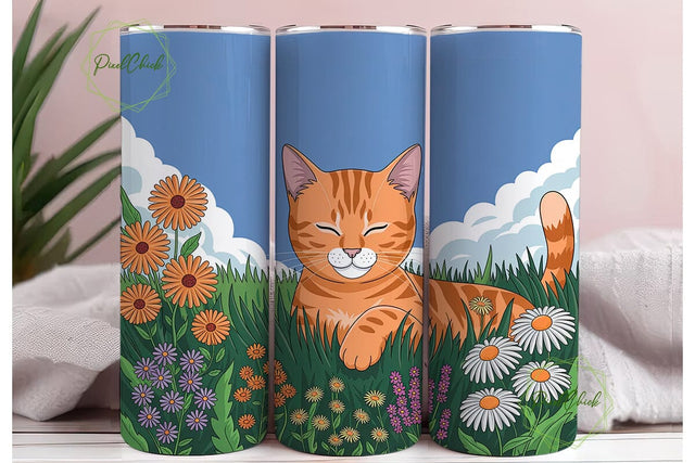 Orange Tabby Cat Meadow Skinny Tumbler Sublimation PixelChick 