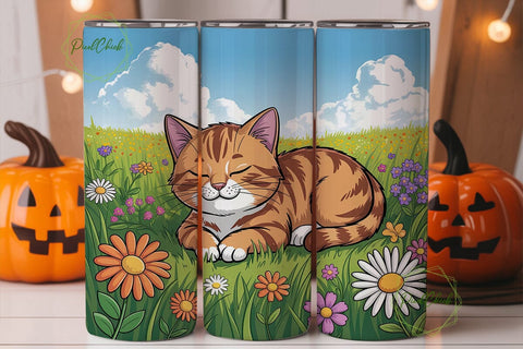 Orange Tabby Cat Meadow Skinny Tumbler Sublimation PixelChick 