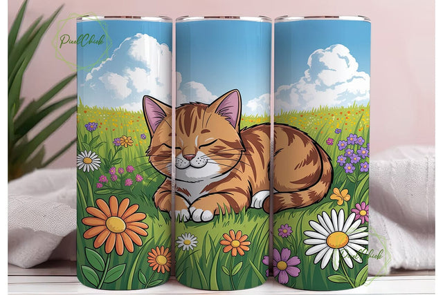 Orange Tabby Cat Meadow Skinny Tumbler Sublimation PixelChick 