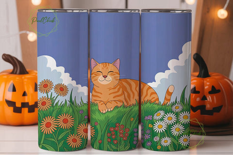 Orange Tabby Cat Meadow Skinny Tumbler Sublimation PixelChick 