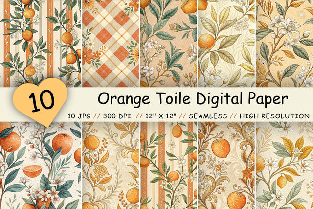 Orange Toile Digital Paper Pack, Vintage Floral Toile, Gingham & Stripe Seamless Patterns, Wedding, Scrapbooking & Printable Crafts Digital Pattern FloridPrintables 