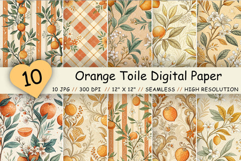 Orange Toile Digital Paper Pack, Vintage Floral Toile, Gingham & Stripe Seamless Patterns, Wedding, Scrapbooking & Printable Crafts Digital Pattern FloridPrintables 