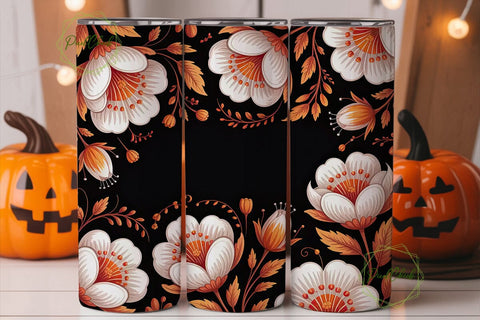 Orange & White Floral Tumbler Wrap Sublimation PixelChick 