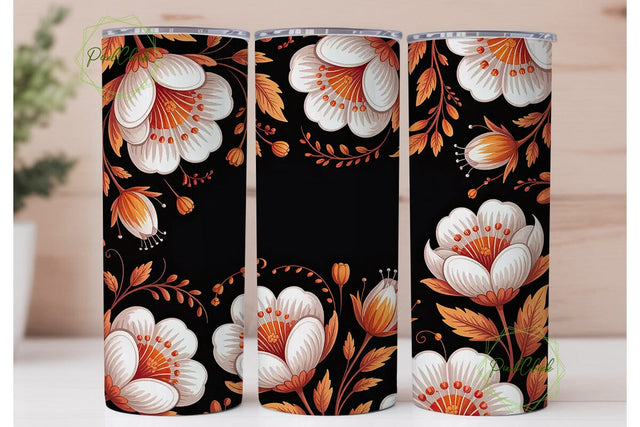 Orange & White Floral Tumbler Wrap Sublimation PixelChick 