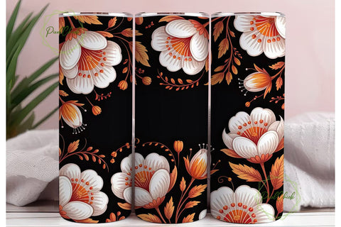 Orange & White Floral Tumbler Wrap Sublimation PixelChick 