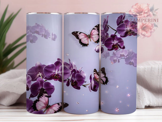 Orchid Butterfly Sparkle Glow 20oz Tumbler, Orchid Motif, Butterfly Design, Sparkle Effect, Glow Style, Elegant Charm, Skinny Tumbler, Sublimation PNG Sublimation Li Zamperini 