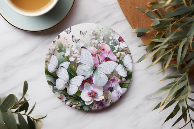 Orchids & Butterflies Round Coaster Sublimation PNG Sublimation BijouBay 