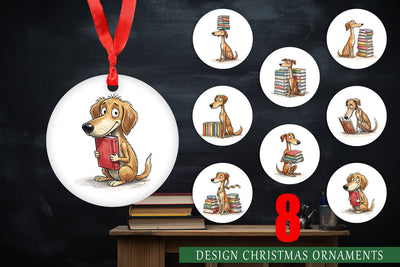 Ornament Bibliophile Dog Book Stack Watercolor Sublimation artnoy 
