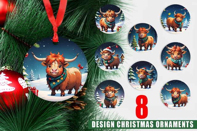 Ornament Cartoon Christmas Highland Cow Sublimation artnoy 