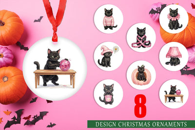 Ornament Cynical Black Cat Pink Retro Watercolor Sublimation artnoy 