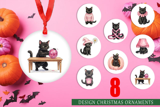 Ornament Cynical Black Cat Pink Retro Watercolor Sublimation artnoy 