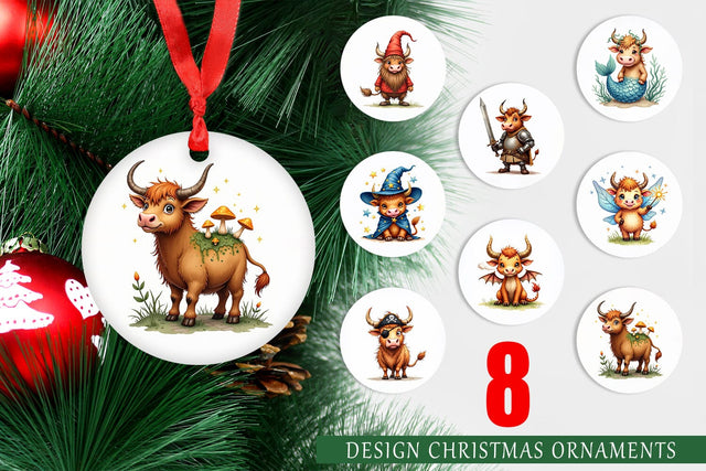 Ornament Enchanted Highland Cows UglyCute Fantasy Watercolor Sublimation artnoy 