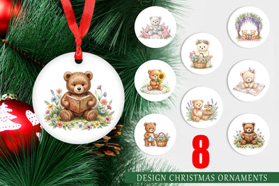 Ornament Floral Garden Teddy Bear Watercolor Sublimation artnoy 
