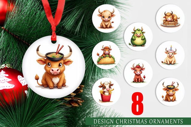 Ornament Foodie Highland Cow UglyCute Watercolor Treats Sublimation artnoy 