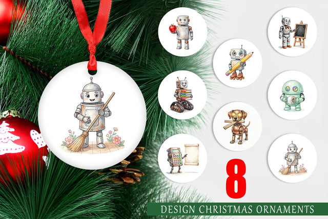 Ornament Friendly Retro School Robot Watercolor Sublimation artnoy 