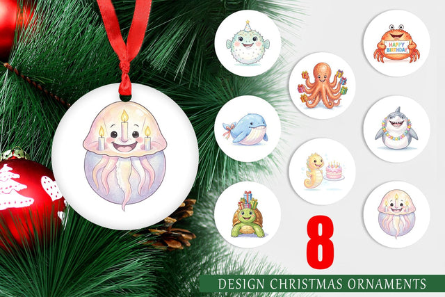 Ornament Happy Round Ocean Birthday Watercolor Sublimation artnoy 