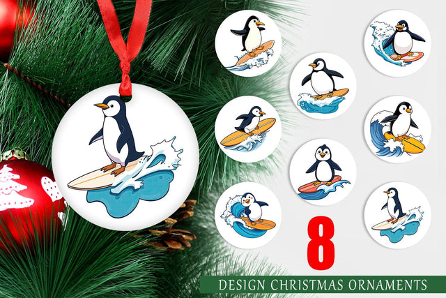 Ornament Penguin Surfing a Wave Sublimation artnoy 