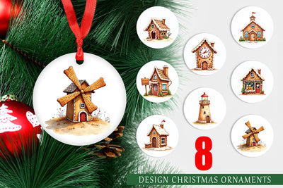 Ornament Quirky Gingerbread Village Watercolor Sublimation artnoy 