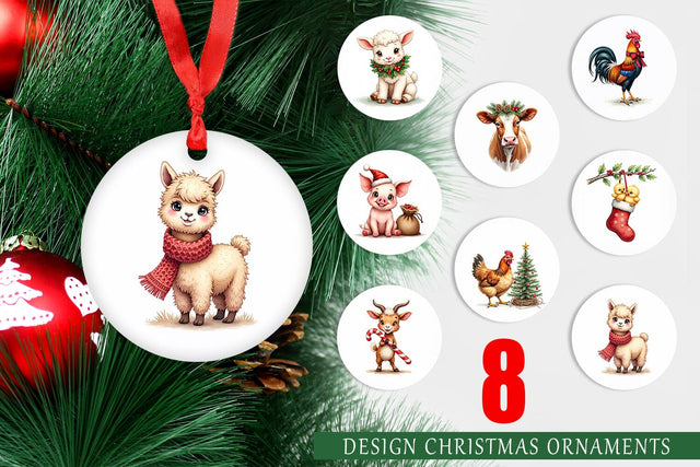 Ornament Rustic Farmhouse Christmas Animals Watercolor Sublimation artnoy 