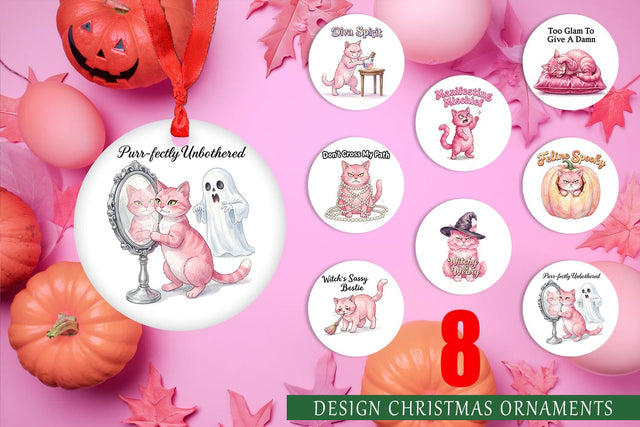 Ornament Sassy Pink Cat Halloween Watercolor Sublimation artnoy 