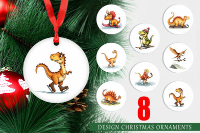 Ornament UglyCute Dinosaur Winter Sports Watercolor Art Sublimation artnoy 