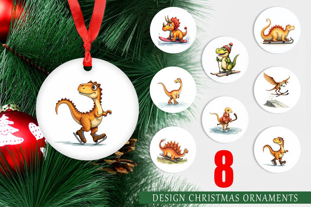 Ornament UglyCute Dinosaur Winter Sports Watercolor Art Sublimation artnoy 