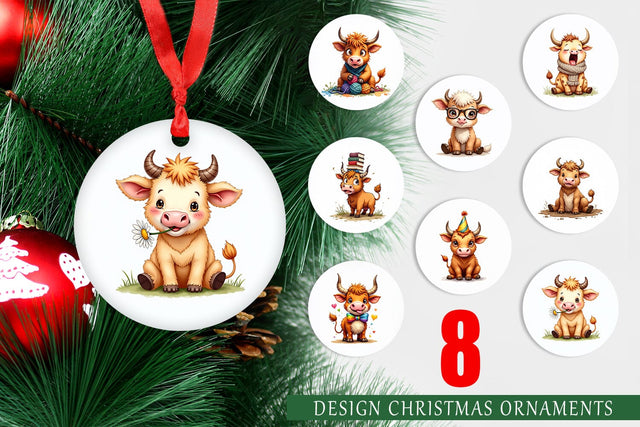 Ornament UglyCute Highland Cow Watercolor Quirky Farm Friends Sublimation artnoy 