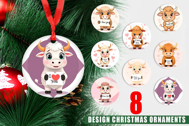 Ornament Valentine Highland Cow Cartoon Sublimation artnoy 
