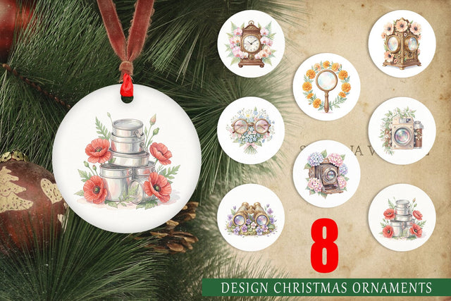 Ornament Vintage Camera And Floral Watercolor Sublimation artnoy 