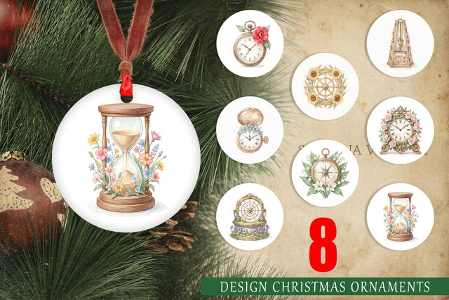 Ornament Vintage Clock And Floral Watercolor Sublimation artnoy 