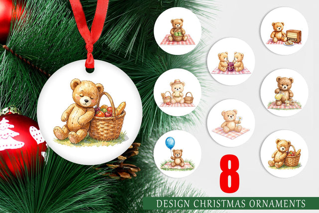 Ornament Vintage Teddy Bear Picnic Watercolor Sublimation artnoy 