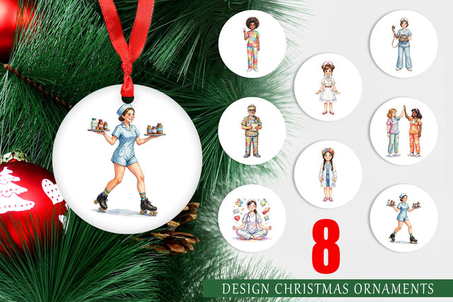 Ornament Watercolor 70s Retro Nurse Characters Sublimation artnoy 