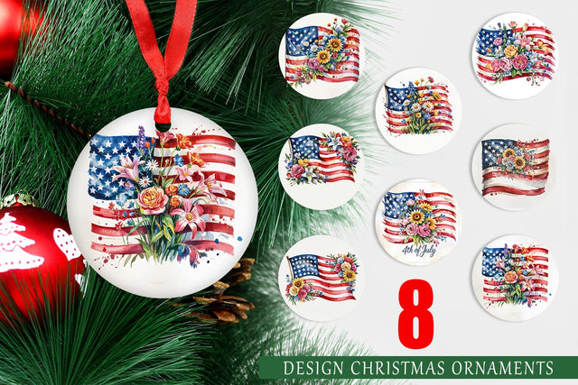 Ornament Watercolor American Flag Floral Sublimation artnoy 
