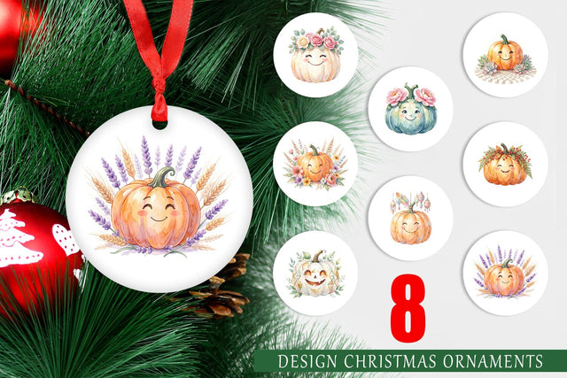 Ornament Watercolor Boho Floral Smiling Pumpkin Sublimation artnoy 