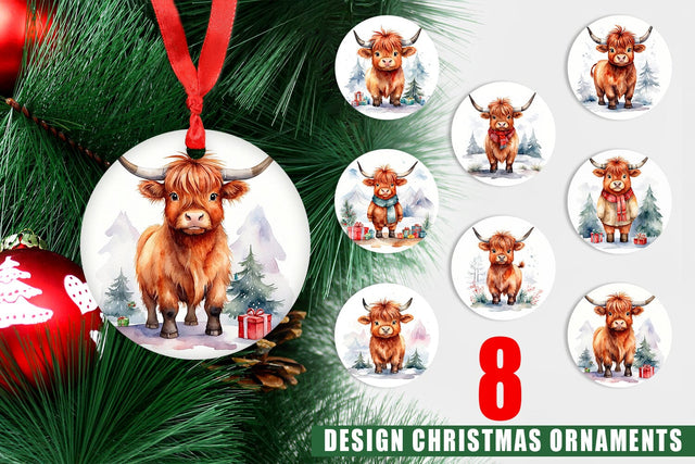 Ornament Watercolor Christmas Highland Cow Sublimation artnoy 