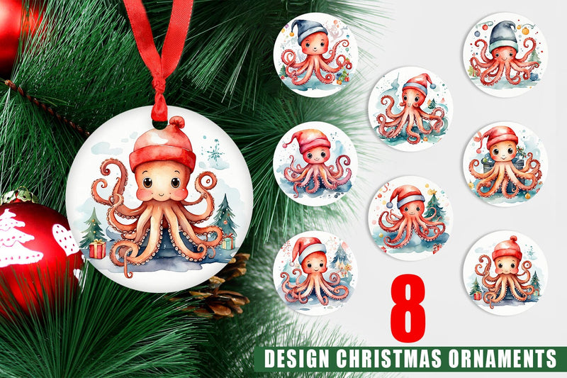 Ornament Watercolor Christmas Octopus Sublimation artnoy 