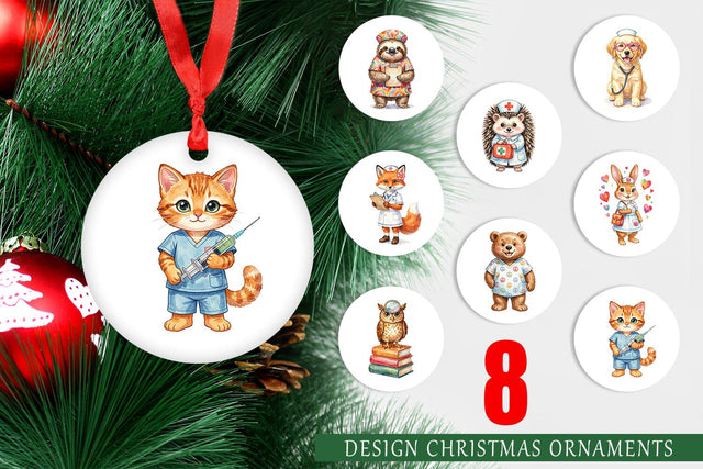 Ornament Watercolor Groovy Retro Animal Nurse Sublimation artnoy 