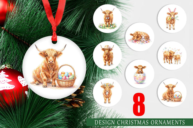 Ornament Watercolor Highland Cow Easter Sublimation artnoy 