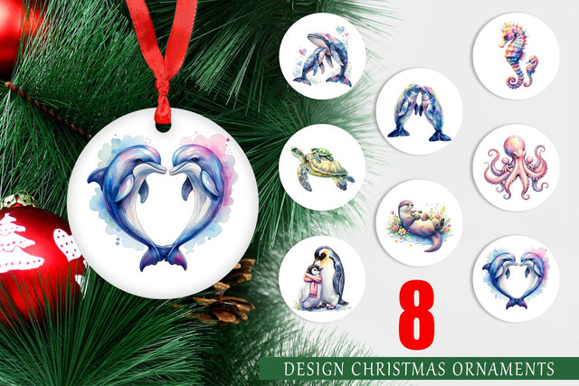 Ornament Watercolor Mom and Baby Ocean Animals Sublimation artnoy 